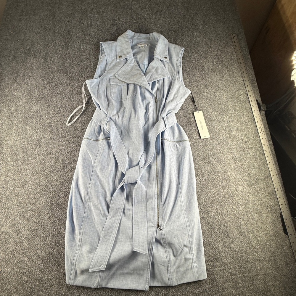 Calvin Klein Womens Blue Sleeveless Moto Zip Front Belted Sheath Dress 16